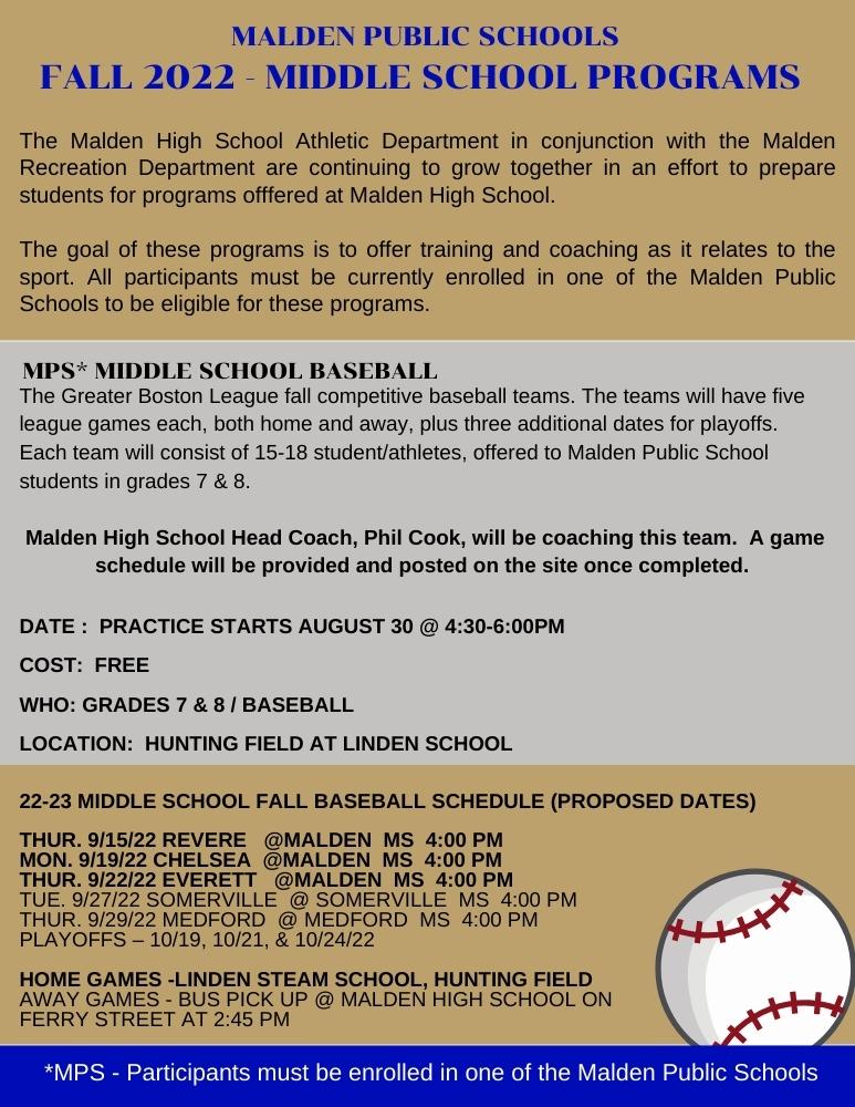 Malden Recreation Department *MPS MIDDLE SCHOOL BASEBALL TEAM