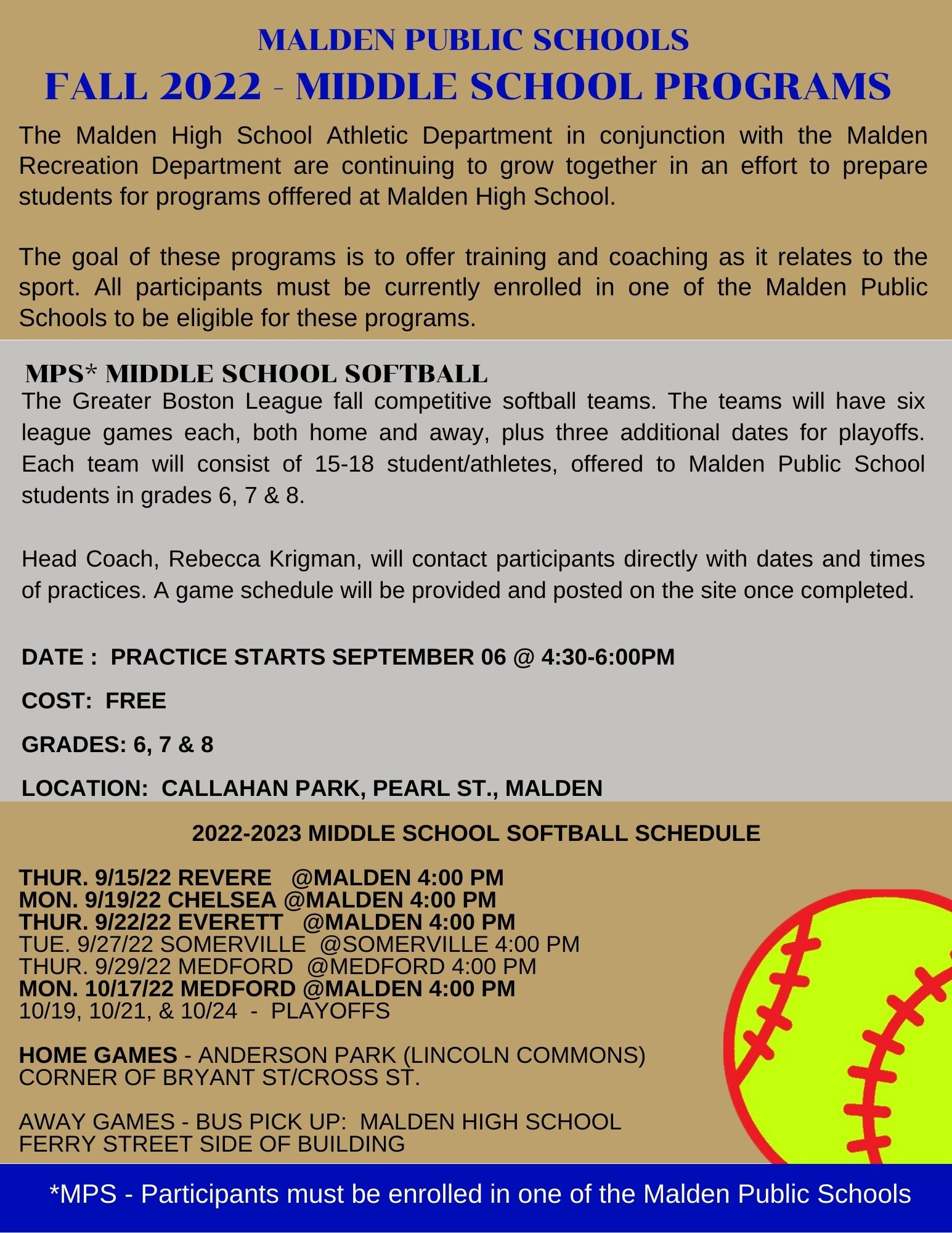 Malden Recreation Department *MPS MIDDLE SCHOOL SOFTBALL TEAM
