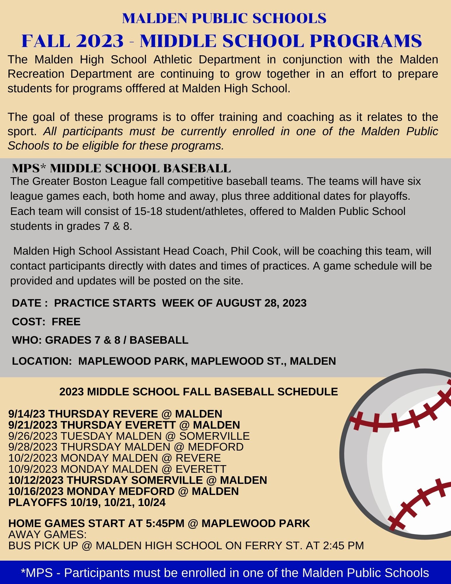 Malden Recreation Department *MPS MIDDLE SCHOOL BASEBALL TEAM